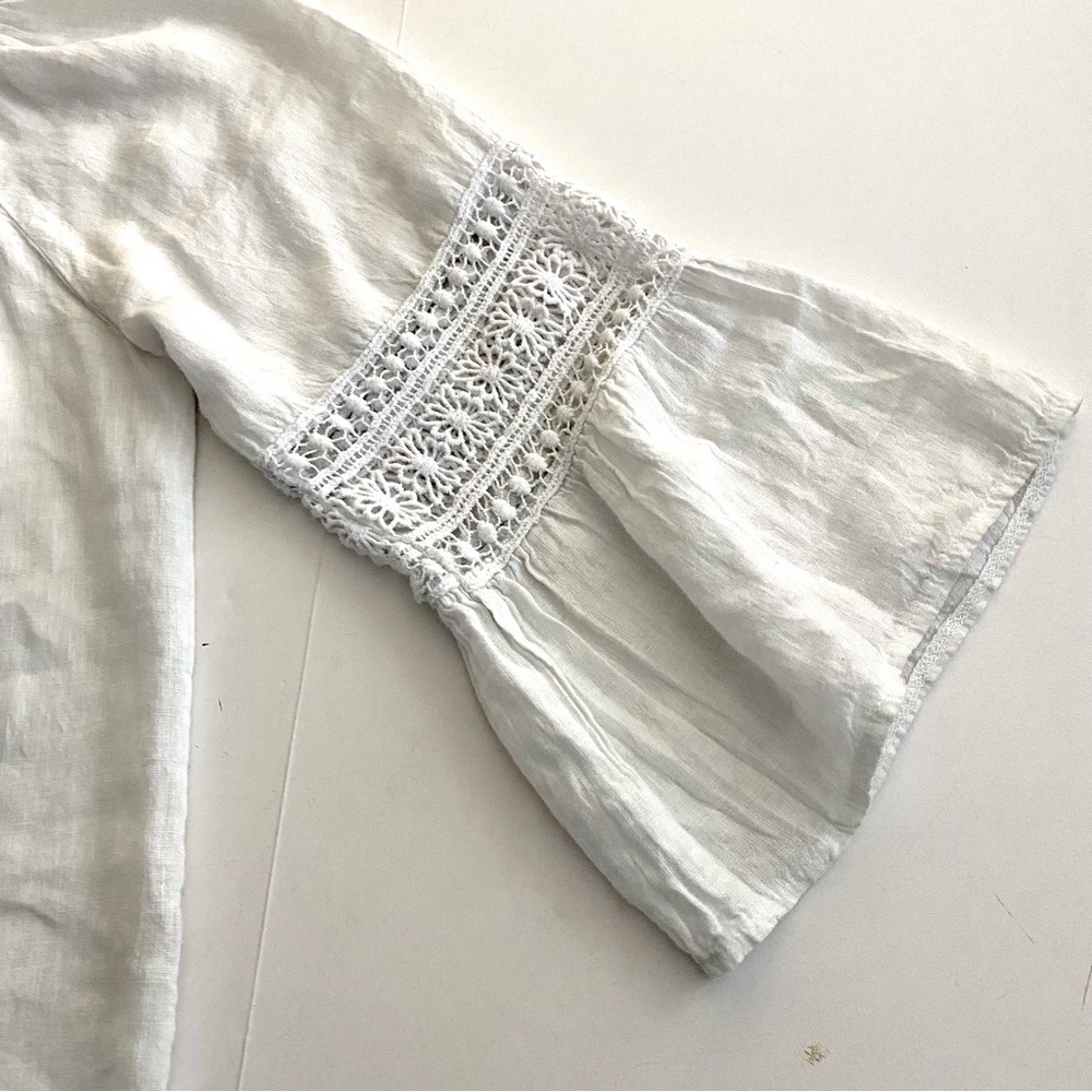 White Linen Blouse Top Sz Large Crochet Peasant Bell Sleeve Prairie Summer - Picture 8 of 13